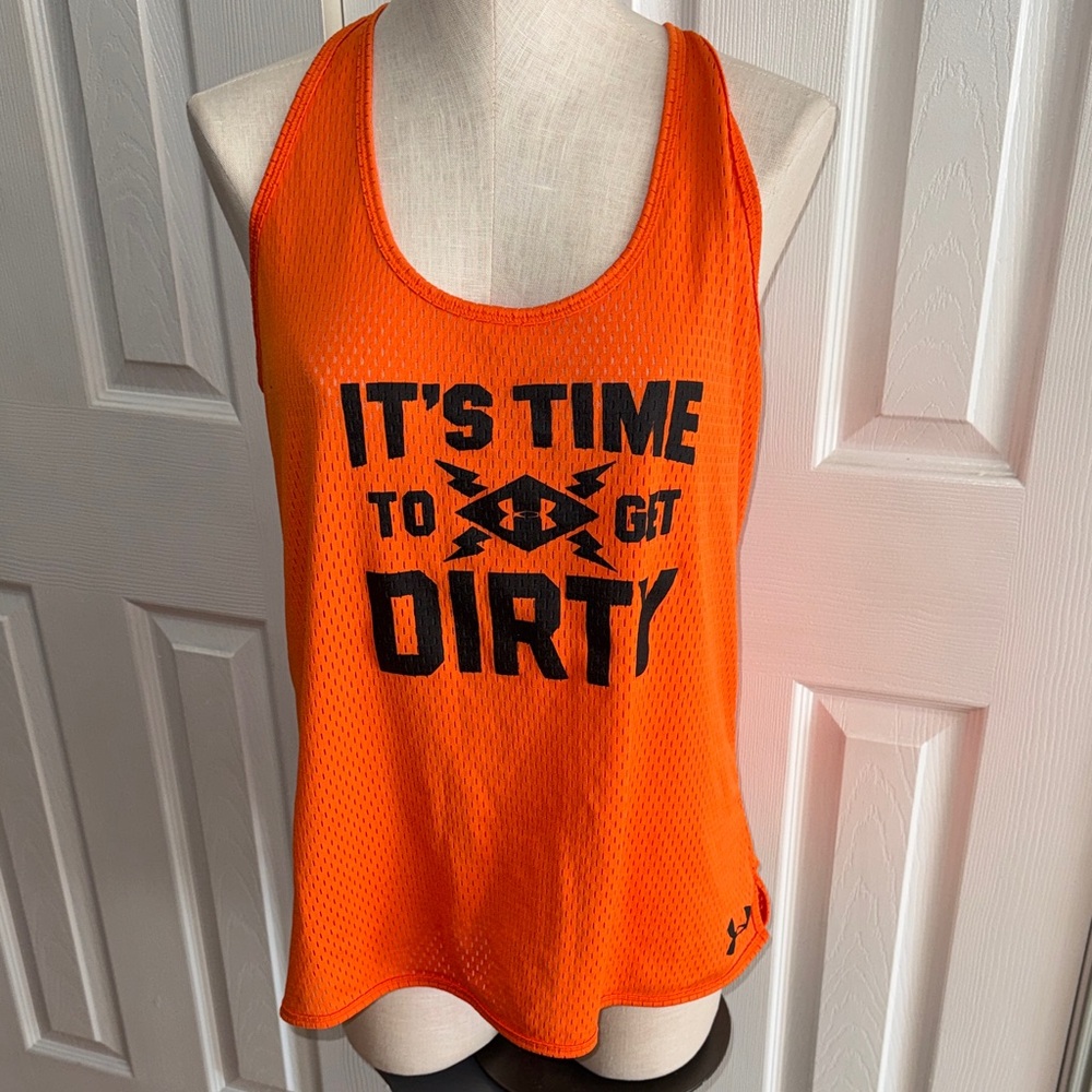 Women’s Under‎ Armour Vibrant Orange Mesh Tough Mudder Workout Tank size Large